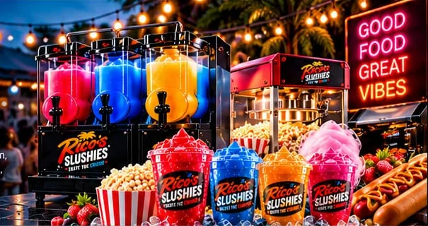 Slush machines, popcorn and branded cups at an outdoor evening event