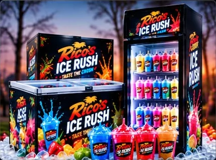 Rico’s Ice Rush branded chest and upright freezers with ready-frozen cups