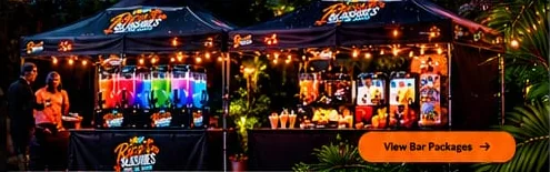 Rico’s Slushies branded cocktail bar gazebos at night