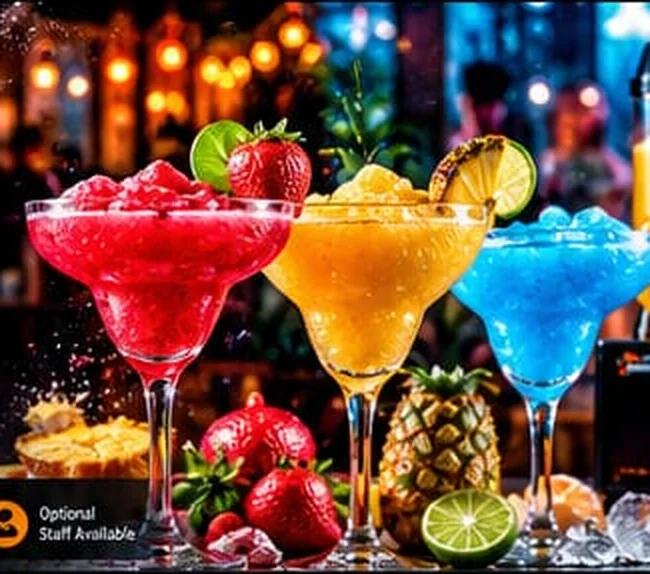 Frozen margarita, strawberry daiquiri and blue lagoon cocktails